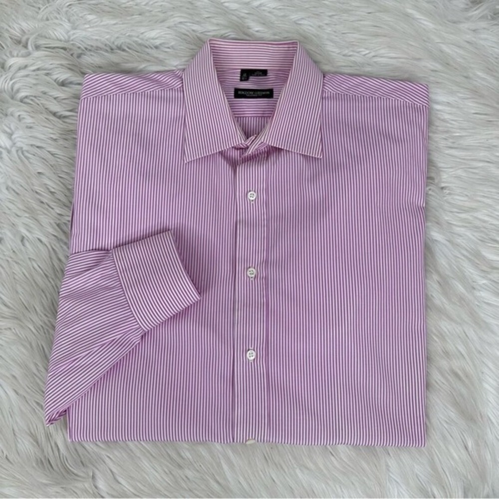 Bergdorf‎ Goodman Mens Tailored Fit Pink White Striped Dress Shirt 16.5 Italy